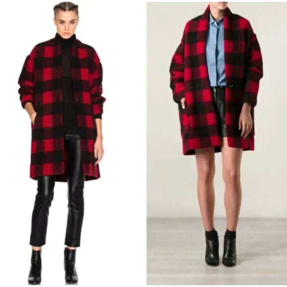 Isabel Marant Etoile Black and Red Gabrie Wool Coat - Picture 1 of 8